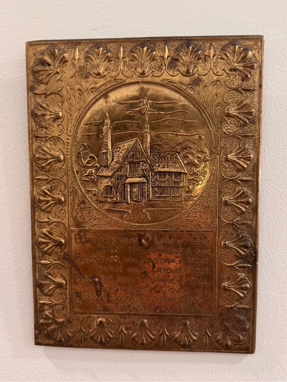 Vintage Brass Bless This House Prayer Wall Plaque Embossed Cottage MCM